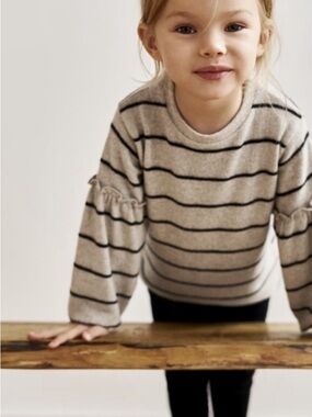 Zara girls Beige Stripe Ruffle Sleeve Sweater